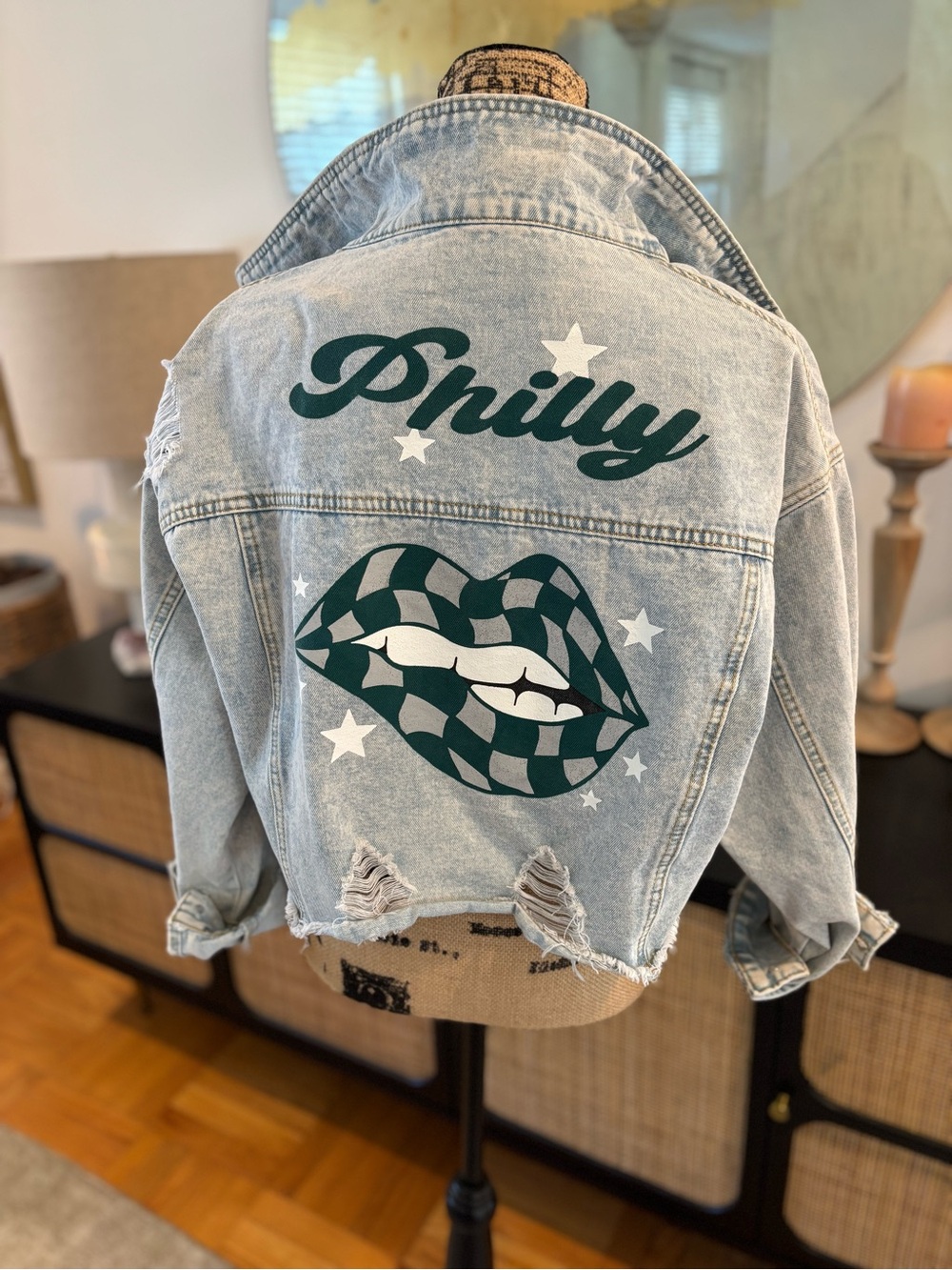 Philly Graphic Light Wash Denim Jacket - Distressed Back Print